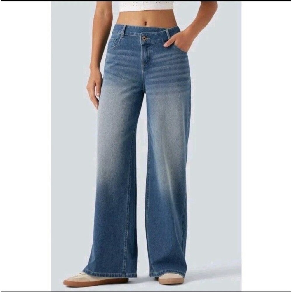 Halara Flex Asymmetric Low Rise Zipper Pockets Baggy Wide Leg Jeans Size Large